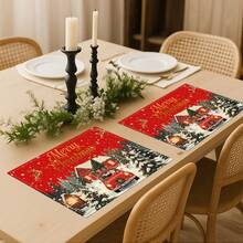 2 Pcs Merry Christmas Santa Red Car Placemats Snowy House Reindeer Snowman Print Heat Resistant Table Mats Farmhouse Xmas Dining Table Decor - Red - View 1