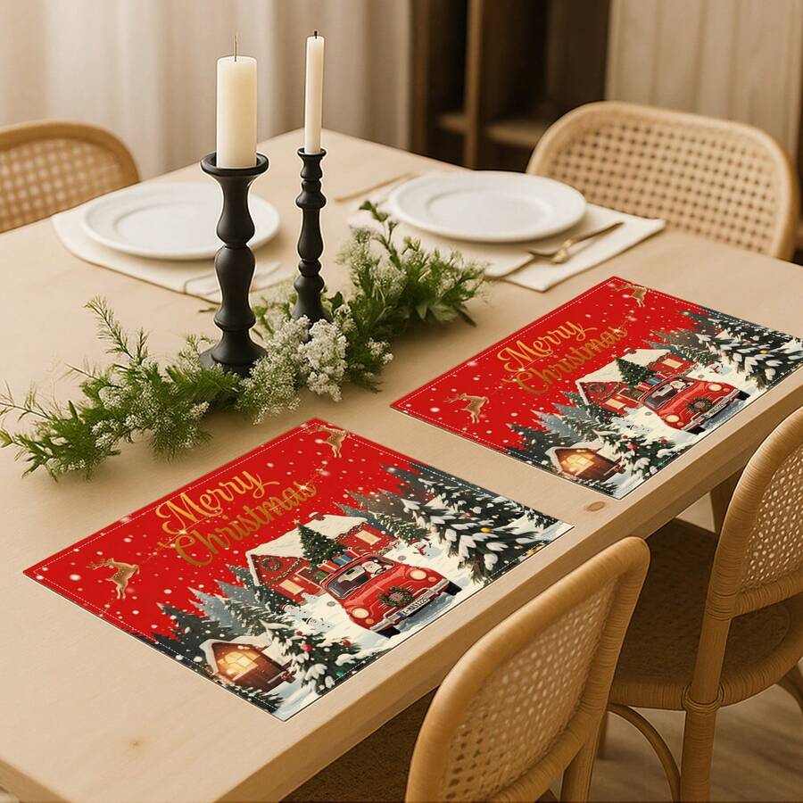 2 Pcs Merry Christmas Santa Red Car Placemats Snowy House Reindeer Snowman Print Heat Resistant Table Mats Farmhouse Xmas Dining Table Decor - Red - View 1
