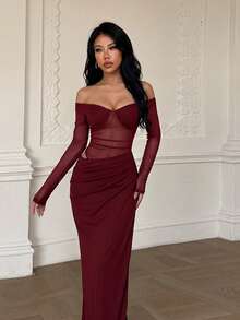 Autumn And Winter, Elegant Dress, Draped See-Through Patchwork Party Dress, Suitable For Back-To-School Dance, Halloween, Christmas, Birthday - Burgundy - View 2