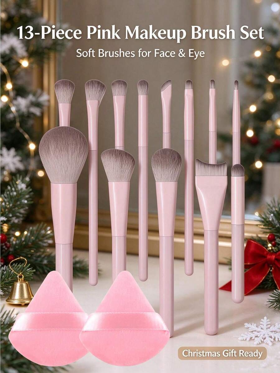 15pcs Makeup Brush Set, Complete Makeup Tools, Easy Application Including 2pcs Powder Puffs, Suitable For Foundation, Blush, Eyeshadow, Eyebrow Pencil, Contour, Lipstick, Nose Shadow And Other Facial Makeup Brushes, Complete Makeup Brush Set, Essential Beauty Tools, Makeup Set Complete Gift For Beautiful Girls, Thanksgiving Christmas Gift - Baby Pink - View 1
