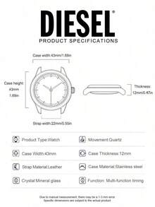 Diesel Men's Mega Chief Watch Silver-Tone Steel Case Black Leather Strap Analog Display Quartz Movement Date Function Industrial Design 100M - Black - View 7