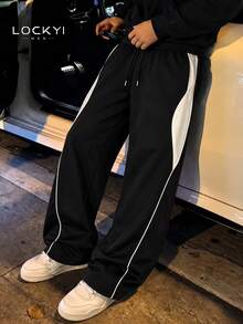 1pc Men's American High Street Style Creative Colorblock Wide Leg Loose Casual Long Pants - Black - View 1