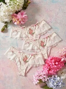 Elorette 8/4/3/1pc Low Waist Floral Romantic Pastoral Fairy Lace Patchwork Ruffle Edge Knit Jacquard Skin-Friendly Comfortable Bow Knot Undies - Baby Pink - View 11