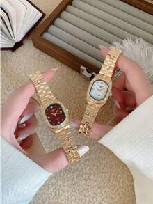 Women's Gold Oval Quartz Watch, Light Luxury Pearl Dial With Crystal Bezel & Link Bracelet - White - View 5