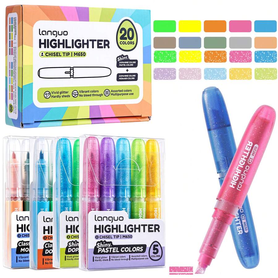Languo 20 Colors/5 Colors Glitter Highlighter Pens, Fluorescent Pens, Oblique Drawing Pens, Suitable For Painting, Doodling, Journaling And Highlighting - Set - View 1