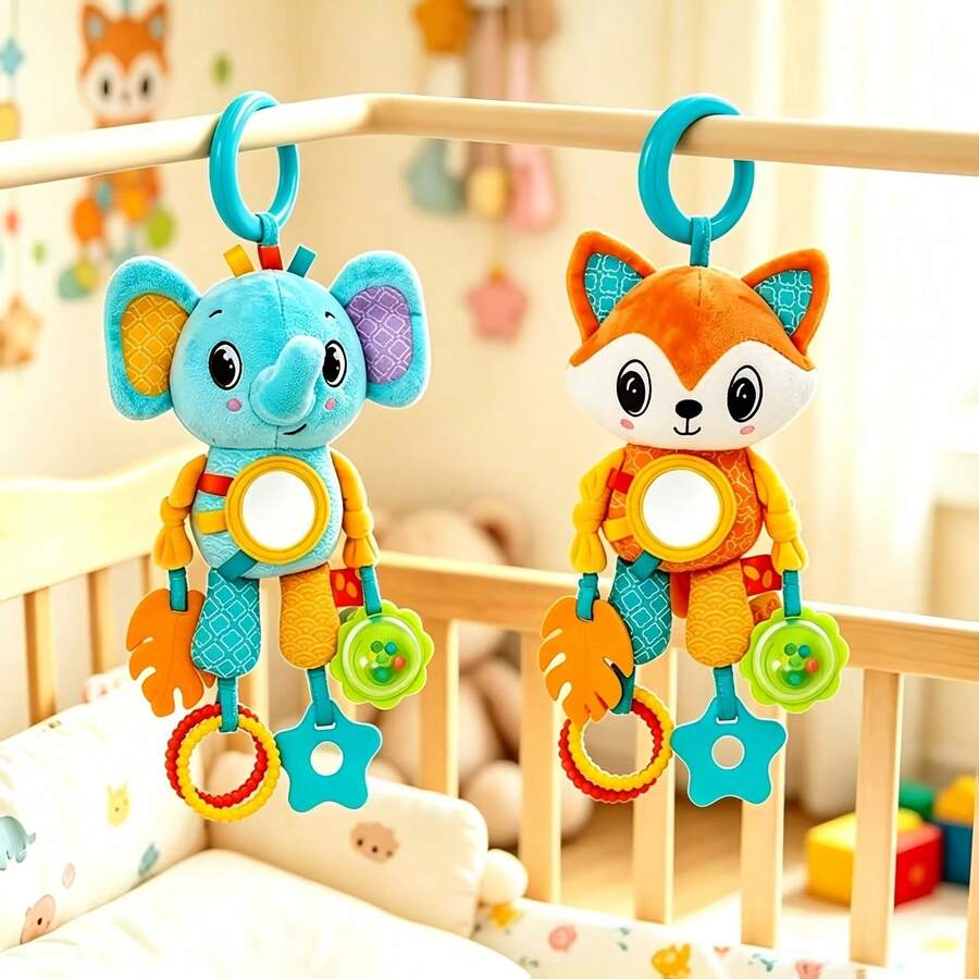 Portable Baby Stroller Accessory, With Teething Ring And Bell, Cartoon Plush Hanging Rattle Toy, Elephant And Fox Options, Suitable For Daily Play - Multicolor - View 1