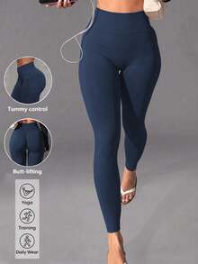 Women's High Waist Seamless Yoga Leggings, Tummy Control Butt Lifting Compression Fitness Pants, Ribbed Waistband Workout Leggings, Suitable For Gym - Blue - View 3