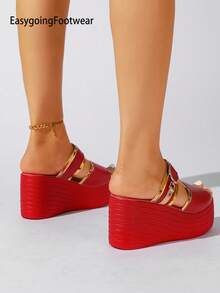 Women's Red Open Toe Fashion Outdoor Metal Decor Platform Thick Sole Versatile Comfortable Wedge Sandals - Red - View 2