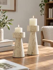 1pc Beige Faux Stone Marble Texture Pillar Candle Holder Set, High & Low Modern Stone Effect Candle Stand, Suitable For Living Room, Dining Table And Wedding Centerpiece Decor - Yellow Hole Stone - View 4