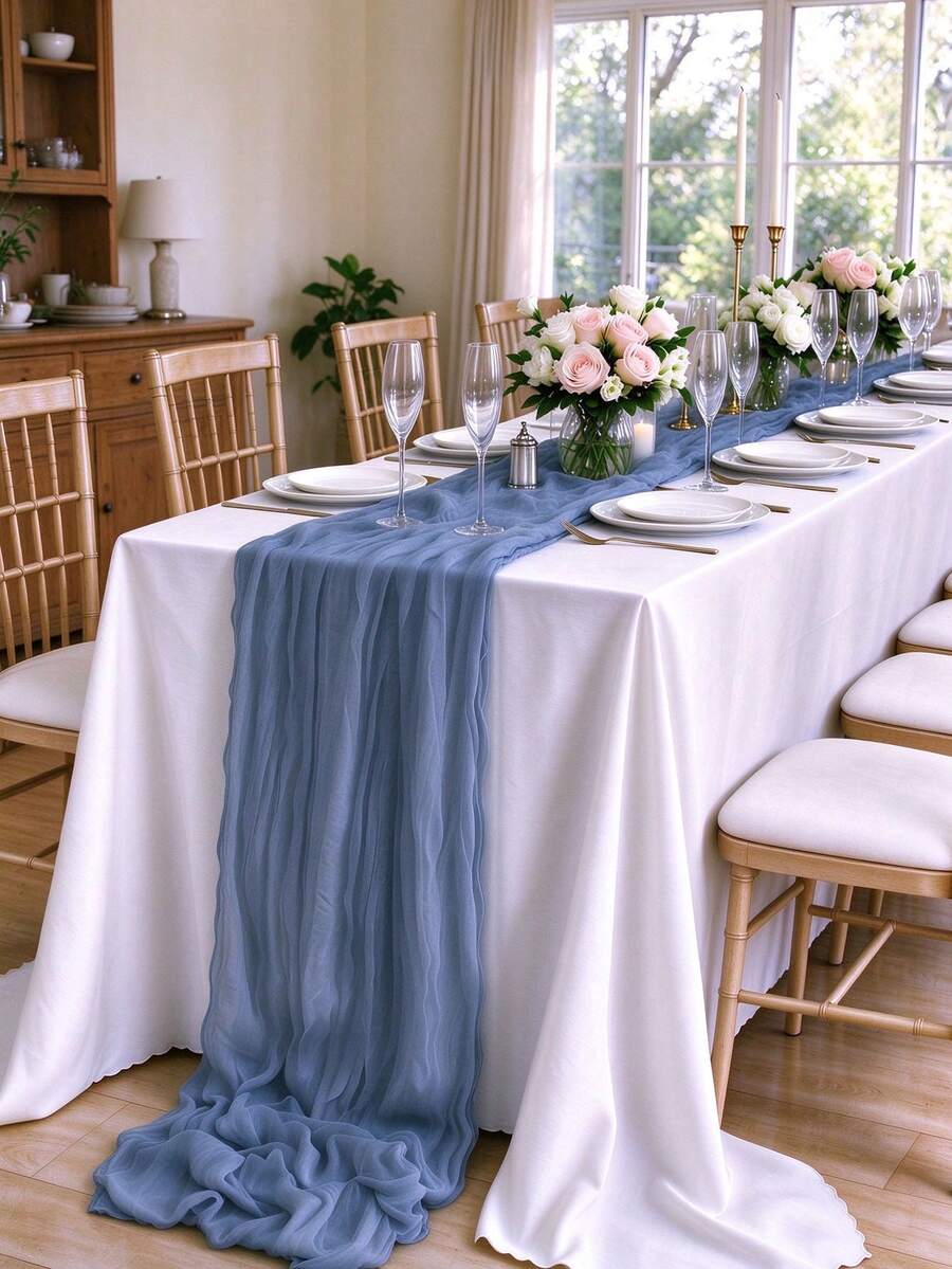 12pcs 16.9x118 Inch Tablecloth, 10ft Bohemian Romantic Long Tulle Tablecloth, Suitable For Wedding Party And Bride, Christmas Table Decor
