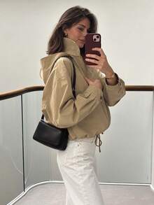 Fall Cropped Hoodies For Women Khaki Hooded Zip-Up Jackets Long Sleeve Going Out Utility Coat Drawstring Short Outerwear Autumn Jacket With A Hood - Khaki - View 4