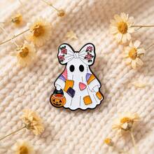 Glow In The Dark Ghost Enamel Pin, Halloween Patchwork Ghost Floral Bow Pumpkin Bucket Lapel Badge, Cute Ghost Brooch For Backpack Jacket,Lovely Gift - Multicolor - View 6