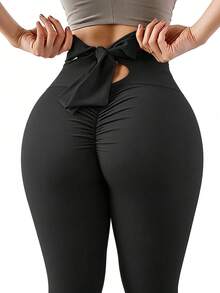 Quần legging yoga size lớn màu đen, thiết kế khoét lưng thắt nơ, nâng mông nhún, kiểm soát bụng, co giãn, quần tập gym Pilates mặc hàng ngày mùa thu - màu đen - Xem 5