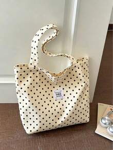 Korean Style Minimalist Polka Dot Shoulder Bag, Slouchy Student Commuter Large Capacity Tote Bag - White - View 4