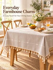 Bubaba 1pc Beige Embroidered Plaid Rectangular Tablecloth With Tassel Fringe, Cotton Polyester Blend Linen Texture, Vintage Bohemian Farmhouse Style, Suitable For Kitchen, Dining Room Rustic Table Decor, Daily Use And Family Gatherings - Multicolor - View 5