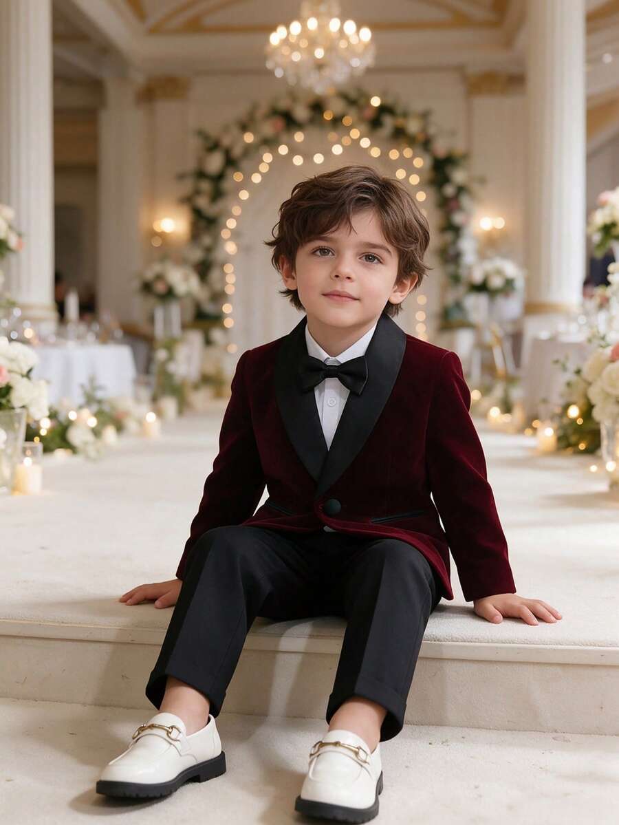 Boys Handsome Fashion British Style Gentleman Suit Set, 1 Blazer + 1 Pants + 1 Bow Tie, Suitable For Wedding, Flower Boy, Performance, Christmas Party, Banquet And Other Formal Occasions - Burgundy - View 1
