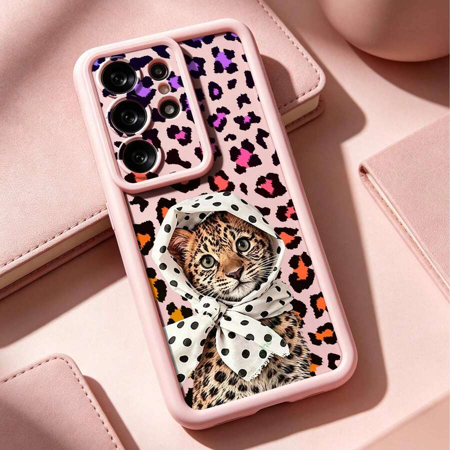 1pc Minimalist Cartoon Leopard Print TPU Shockproof Protective Phone Case, Fashionable Versatile Daily Use, Compatible With Galaxy S26/S25/S24/S23/Galaxy A17/A57/ Y17S/ A3X/ A40 And Honor 200/ Smart 8/ Hot 40i/ G22 Android Series Models - Pink - View 1
