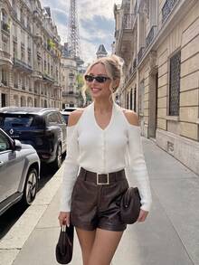 Sexy Cold-Shoulder Halter Neck Knit Sweater Top, Sweet & Spicy Style, Women's Autumn/Winter Inner Layer Base Layer - White - View 2