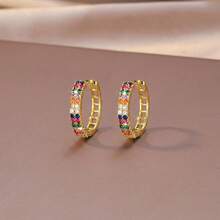 French Luxury Rainbow Micro-Inlaid Zirconia Hoop Earrings, Elegant Versatile Niche Design Round Hoop Earrings - Multicolor - View 2