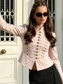 GMFP Women's Spring/Autumn Pink Soft Ditsy Floral Stand Collar Frog Button Slim Fit Cropped Jacket, Suitable For Back To School, Halloween, Christmas Party And Daily Wear - Pink - View 7