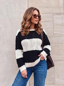 Vintage Black & White Colorblock Cable Knit Sweater, Round Neck Drop Shoulder Loose Long Sleeve Soft Flattering Knit Top - Black and White - View 3