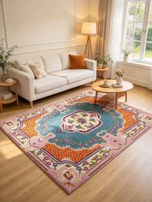 1pc Pink & Blue Persian Floral Velvet Rug, Center Persian Floral Pattern Rich & Full, Pink, Blue & Orange Borders Create Rich Vintage Layers. Square Shape Suitable For Living Room Sofa Area, Bedroom, Creating European Vintage Focal Point. - Pink - View 2