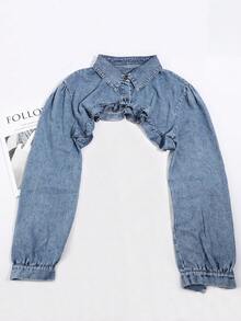 1pc Women's Sweet & Cool Floral Textured Washed Distressed Shawl Waist-Exposing Ruffle Hem Shirt-Style Cardigan Cape - Solid Color Raglan Denim - View 3