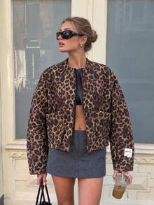Fashion Women's Leopard Print Woven Baseball Jacket, Long Sleeve Flight Jacket With Pockets And Zipper, Autumn/Winter Outfit Essential - Brown - View 6