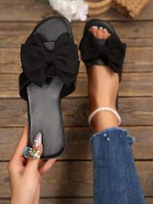 Women's Flat Slip-On Sandals, Round Toe Fashion Brown Casual Bow Low Heel Slides - Gold - View 2