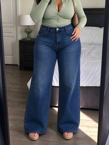 Women's Plus Size Blue Wide Leg Jeans, Button Detail Design, Long, Mid-Stretch, Suitable For Autumn Wear - Dark Blue - View 2