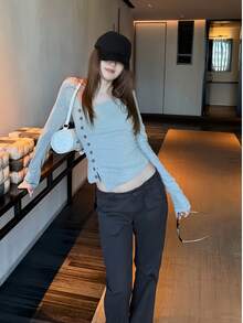 Women's Gray Knit Long Sleeve Crew Neck Top Asymmetric Button Design Slimming Fitted T-Shirt Base Layer Autumn - Light Grey - View 6