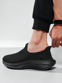 Men's Breathable Hollow Knit Sock Shoes, Lightweight Shock Absorbing Thick Bottom Slip On Walking Sneakers For Daily Commute - Black - View 7