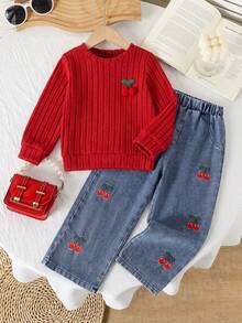 2pcs/Set Girls Casual Cherry Long Sleeve Ribbed Pullover + Cherry Embroidered Denim Pants Set, Cute Cherry Outfit For Girls, Suitable For Autumn/Winter Daily And Outdoor Wear - Red - View 1