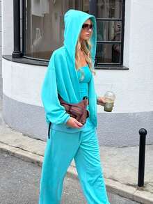 Omen Solid Zip Up Hooded Sweatshirt & Drawstring Wide Leg Sweatpants 2 Pieces Outfit, Casual Loose Tracksuit Set - Mint Blue - View 2