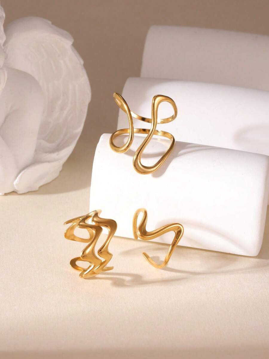GEREIT 3pcs 18K Gold Plated Stainless Steel Fashion Spring/Summer Hollow Wave Line Asymmetrical Rings Suitable For Women's Daily Wear - Gold - View 1