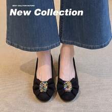Black Matte Upper, Toe Cap With Fabric Bow + Vintage Rhinestone Decor, Rounded Toe, Shallow Opening Flat Style, Soft Sole Comfortable, Exquisite Luxury Style, Pairs Well With Dresses And Formal Wear, Suitable For Daily, Date, And Commute Wear - Black - View 3
