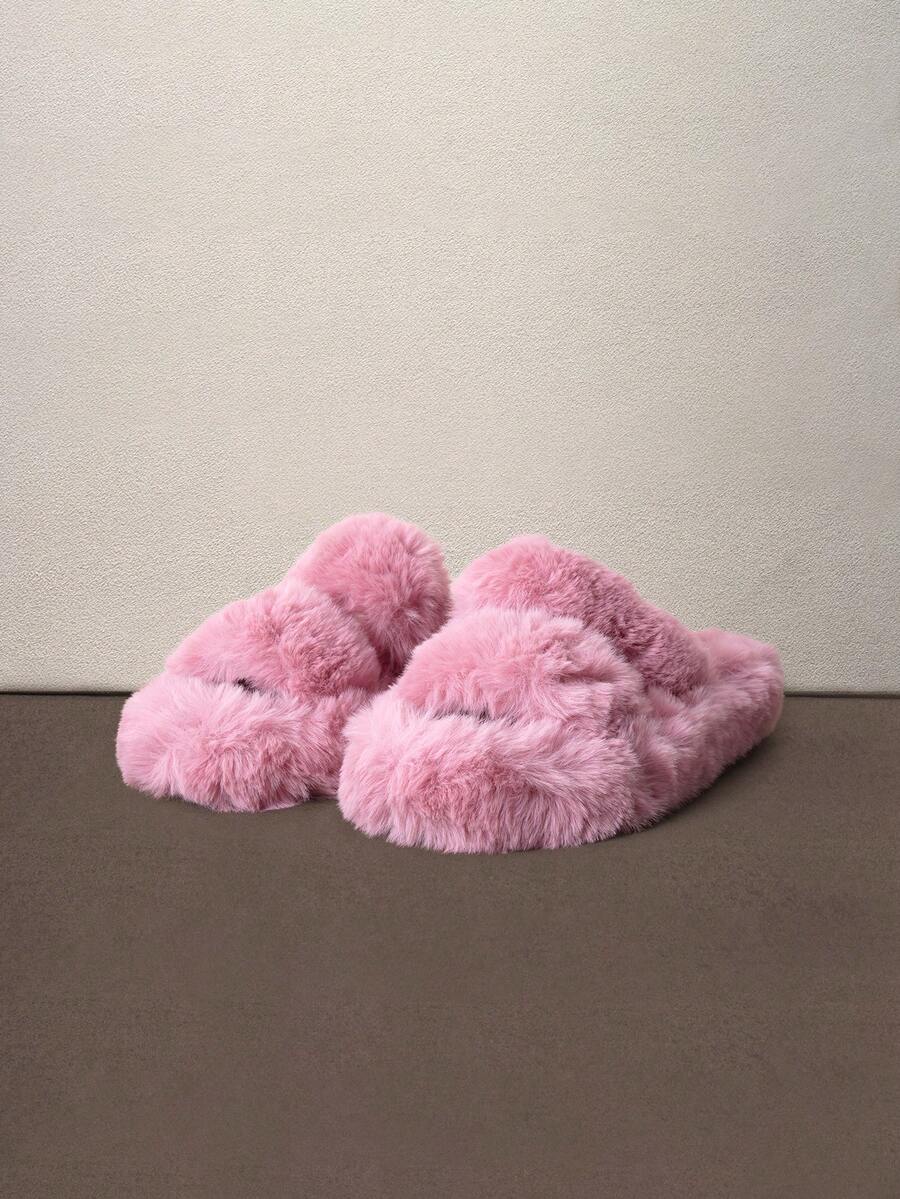 Hatastic Fall/Winter Women's Fluffy Open Toe Platform Slides, Comfortable Solid Color Anti-Slip Shoes, Soft Anti-Slip House Slippers - Rose Red - View 1