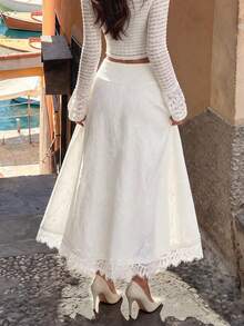 Aflion Elegant White Mid-Length Dress For Women, Woven Fabric With Exquisite Lace Trim, Perfect For Summer Occasions - White - View 2