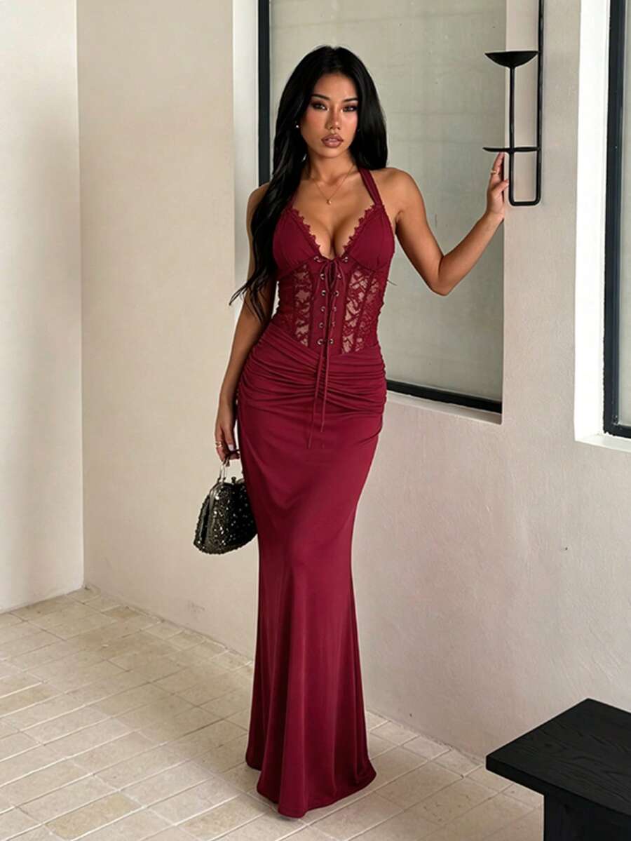 Summer Elegant Draped Beach Dress, Suitable For Festivals, Balls, Parties, Birthdays, Beach, New Year, Christmas - Burgundy - View 1