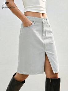 Women's Light Wash Split Hem Denim Skirt, Mid-High Waist Straight A-Line Denim Skirt, Versatile Commuter Skirt - Silver Gray - View 2