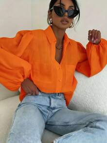 Lightweight Semi-Sheer Women's Autumn Back-To-School Orange Puff Sleeve Collared Pocket Loose Casual Shirt, Everyday Shirt - Orange - View 1