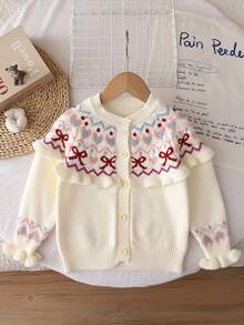 Children's Clothing Fashion Design Fair Isle Pattern Long Sleeve Cardigan With Frill Trim Girls Classic Winter Knit Sweater Top - White - View 1