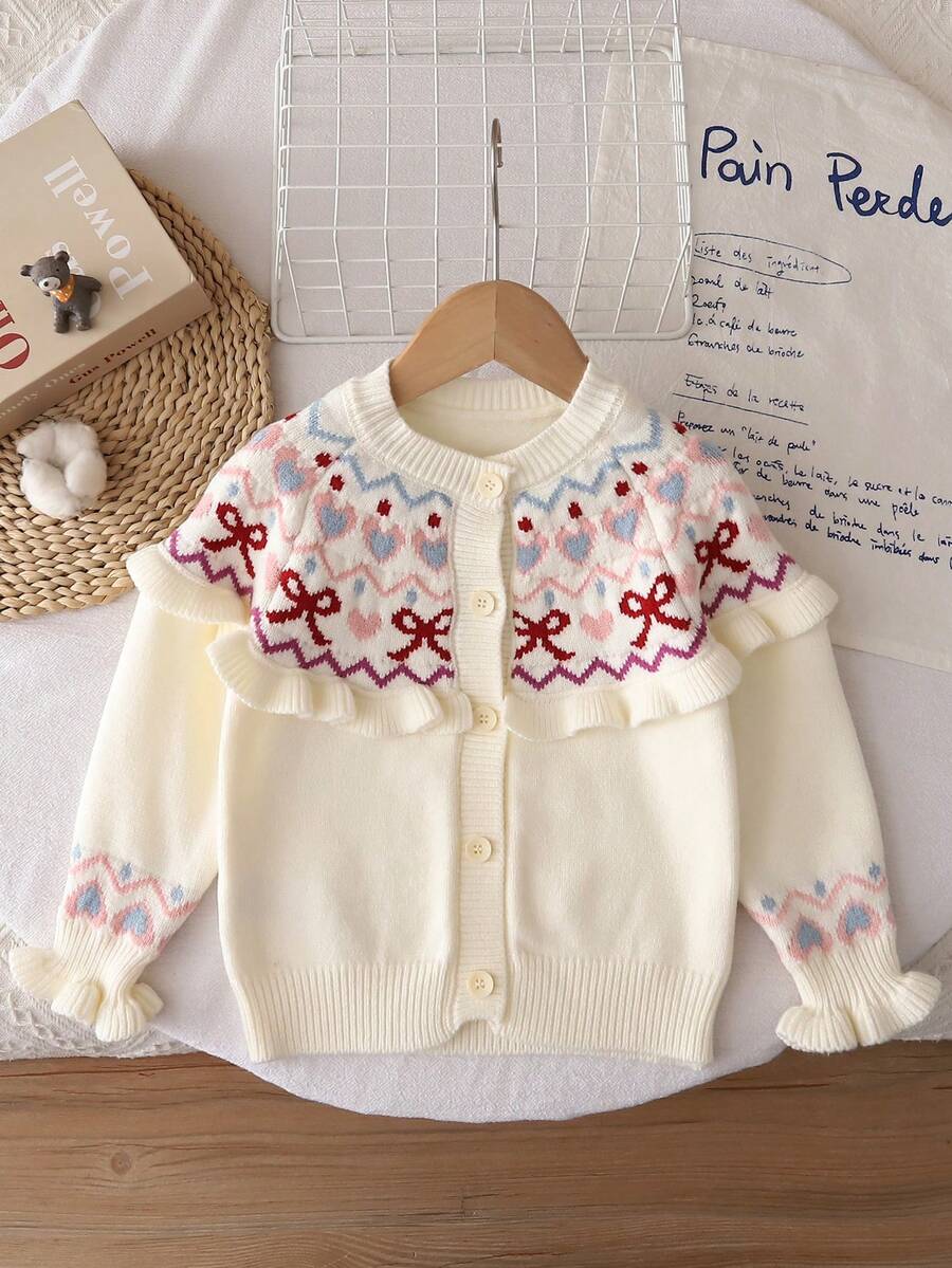 Children's Clothing Fashion Design Fair Isle Pattern Long Sleeve Cardigan With Frill Trim Girls Classic Winter Knit Sweater Top - White - View 1