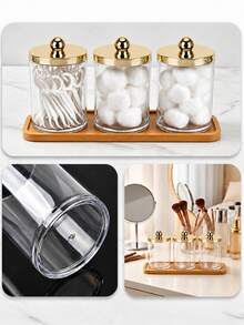 1/2/3Pcs Q Tip And Floss Pick Holder Set With Bamboo Tray, Clear Plastic Bathroom Storage Canisters With Shiny Gold Lids, Decorative Makeup Pad And Beauty Tool Organizer For Vanity Countertop And Bathroom Shelf - Multicolor - View 7