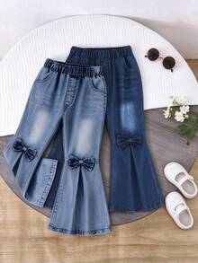 2pcs/Set Girls Toddler Casual Style 3D Bow Soft Comfortable Denim Flare Pants Suitable For Outdoor Wear Spring/Summer - Blue - View 3