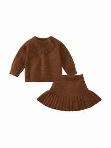 mini bala Girls Set Baby Not Easy To Pill Wool Blend Long Sleeve Top With Skirt Winter New - Yellow Coffee Tone - View 1