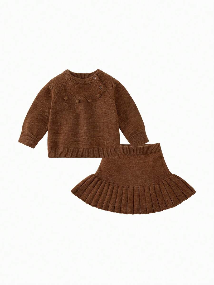 mini bala Girls Set Baby Not Easy To Pill Wool Blend Long Sleeve Top With Skirt Winter New - Yellow Coffee Tone - View 1