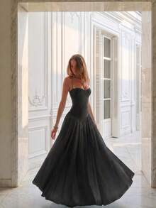 Elegant Romantic Pleated Midi Dress, Suitable For Casual, Date, Holiday, Wedding Guest Black Summer - Black - View 1