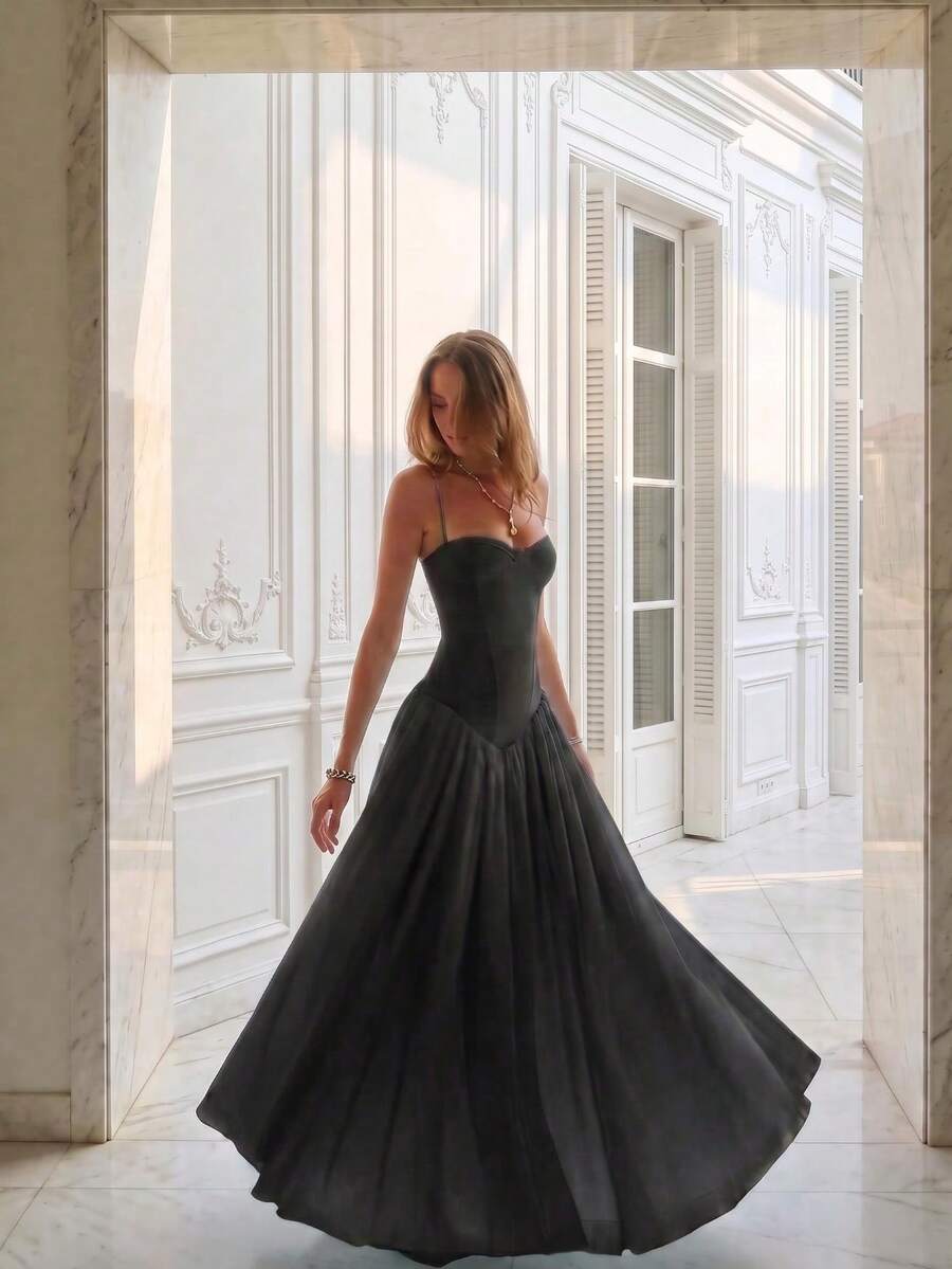 Elegant Romantic Pleated Midi Dress, Suitable For Casual, Date, Holiday, Wedding Guest Black Summer - Black - View 1