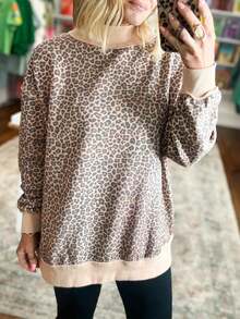 Acelitt Women's Casual Leopard Print High Neck Sweatshirt, Ribbed Trim, Dropped Shoulder Long Sleeve, Suitable For Autumn/Winter Wear Vacation - Multicolor - View 2